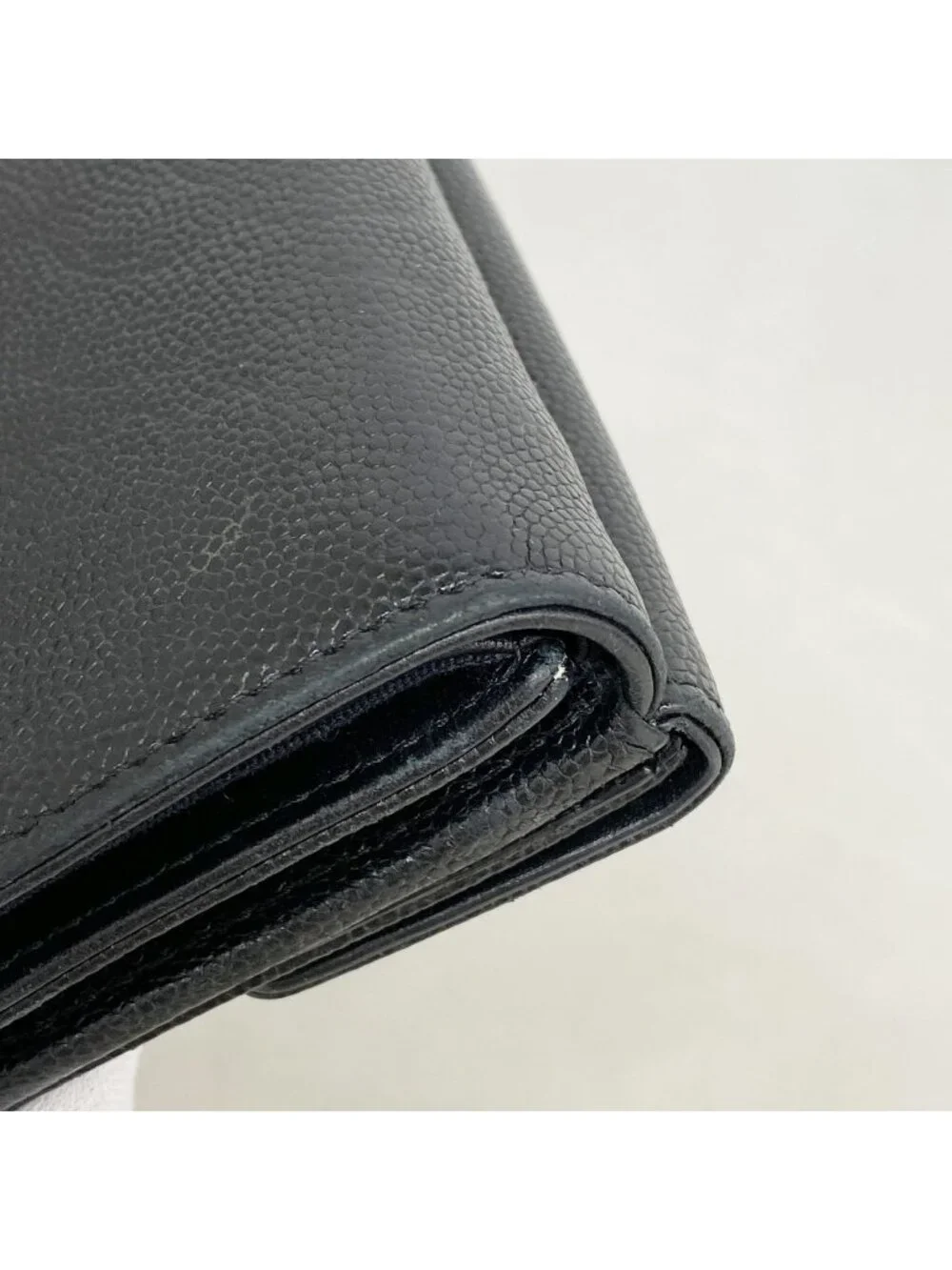 Chanel Trifold Wallet Camellia Caviar Leather Black Champagne Gold